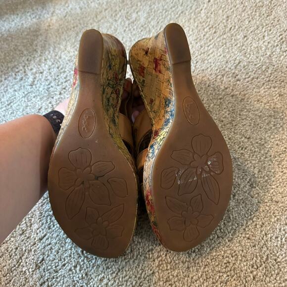 BOC Floral Print Tan Leather Cork Wedge Sandals Size 10 w/ Buckle Ankle Strap - Picture 5 of 10